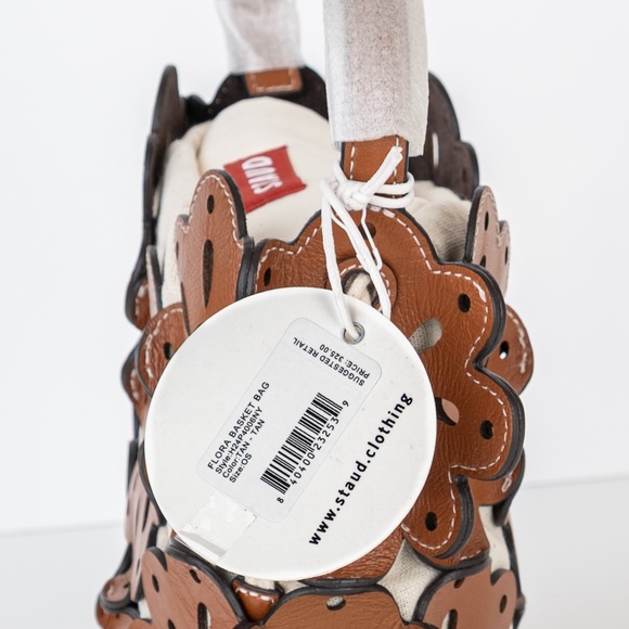 NWT STAUD Beige & Tan Flora Basket Leather Top-handle Small Bucket Bag - Picture 9 of 9